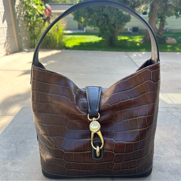 Dooney & Bourke Sac Bag Cognac Croc Embossed Leather Logo Lock Purse Pouch & Key - Picture 2 of 16